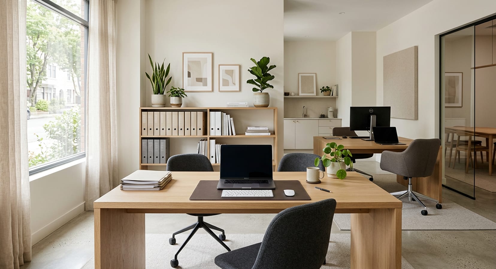 Busy Bookkeeping's office, with desks facing a bright street window
