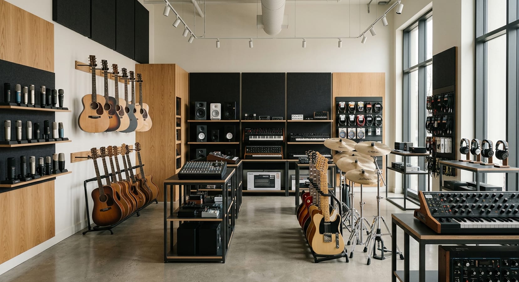 Muzic Man's showroom, with guitars, synthesisers and studio monitors on display