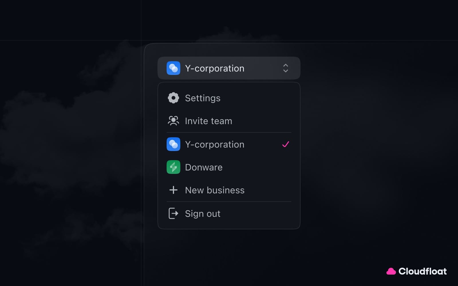 The account menu open, listing two businesses — Y-corporation, ticked, and Donware — above a New business option