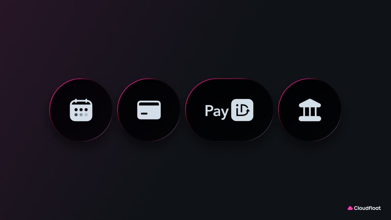 Four payment methods in a row — a schedule, a card, PayID and a bank — each rimmed in pink