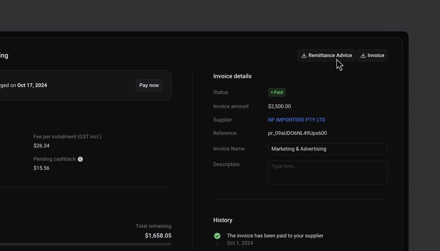 A paid invoice's details, with the cursor on the new Remittance Advice download button
