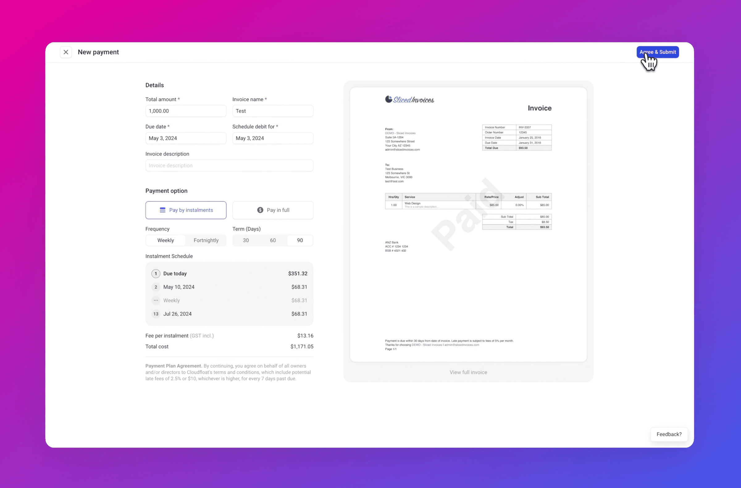 The New payment form beside an invoice preview: weekly frequency selected, with the schedule listing every instalment to July